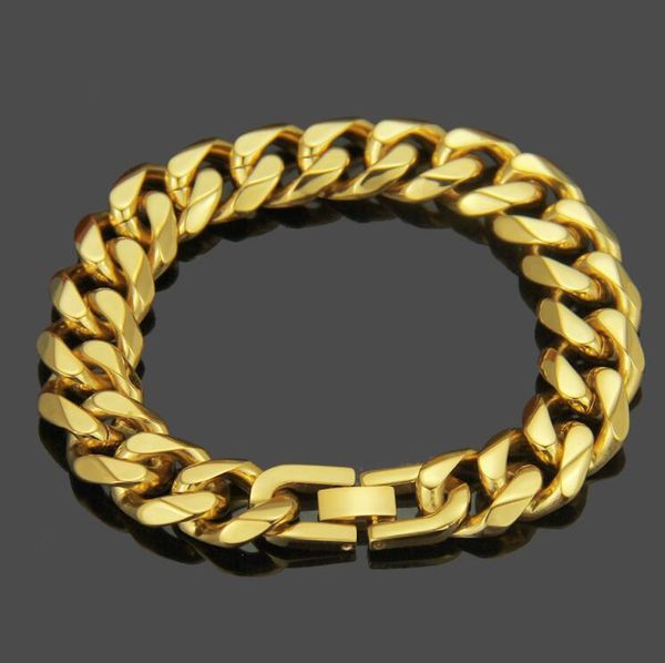 

15mm chain men's smooth cuban gold 14k bracelet 20.5cm, Black
