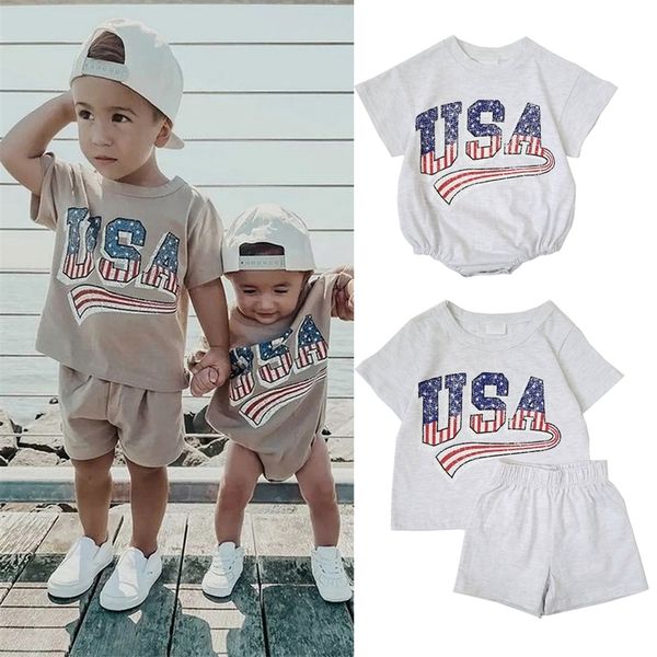 

focusnorm 2 colors independence days 1 6y kids boys girls 2pcs clothes sets letter striped printed t shirts shorts 220620, White