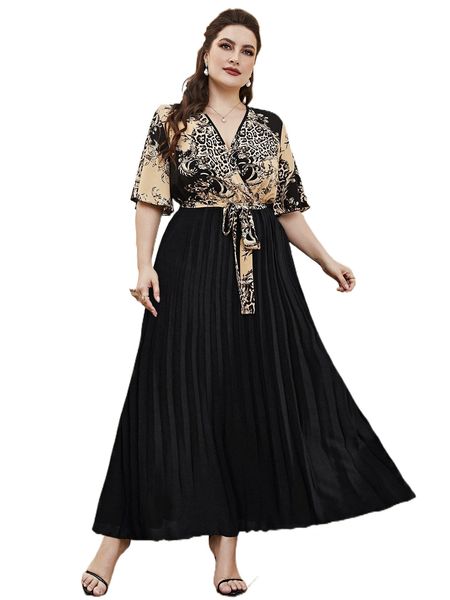 

plus leopard surplice tie front pleated hem dress m3e8#, Black