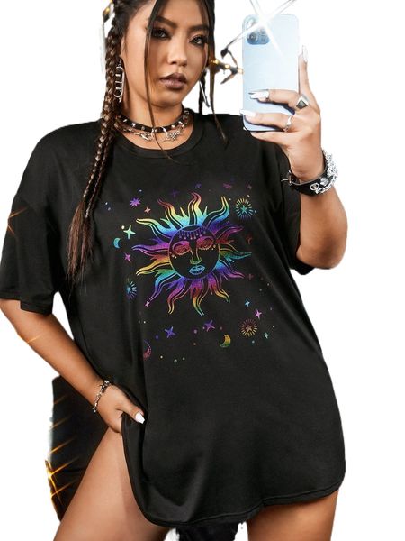 

plus sun & moon print drop shoulder tee i23w#, Black