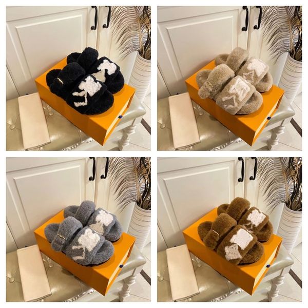 

women paseo comfort flat slippers sandals designer luxury warm winter wool plush shoes slipper fashion vintage buckle monogra embossed sheep, Black