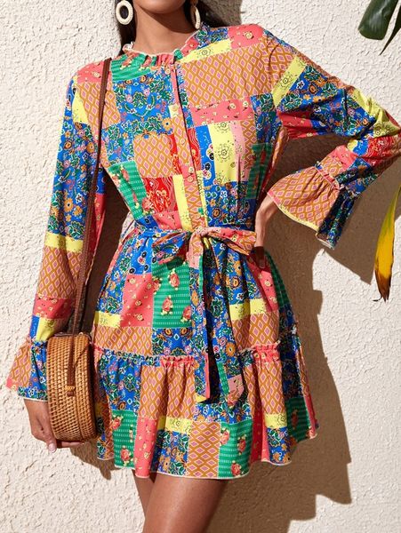 

patchwork print flounce sleeve frill trim belted dress b8zz#, Black;gray