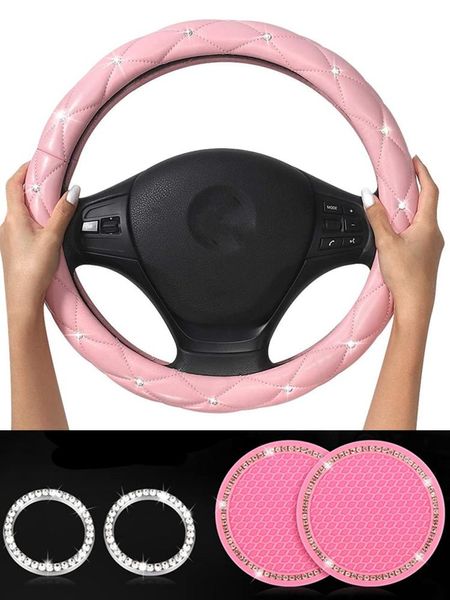 Capas de volante Tampa de carro Couro / Fuzzy Cute Pink Conjunto de interiores Acessórios de interiores com costers e ringssteering de cristal