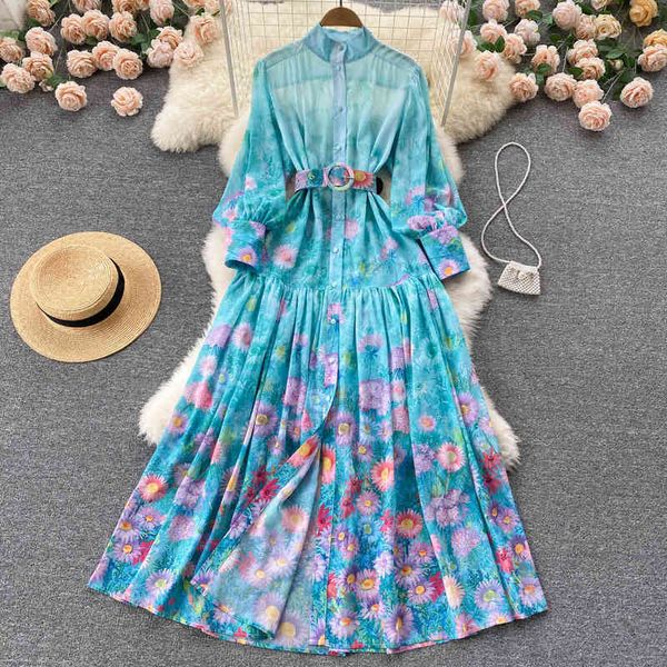 

casual dresses celebrity temperament printed skirt feeling imperial sister style lace up waist slim stand collar single breasted shirt dress, Black;gray