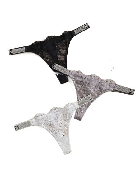 

3pack letter tape floral lace thong set w046#, Black;red