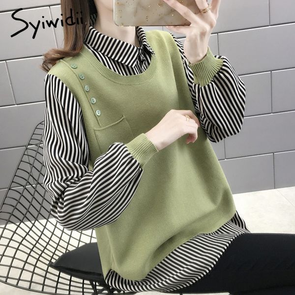 

fake two pieces sweaters for women fall clothing winter clothes turndown collar casual plus size green knitted 210415, White;black