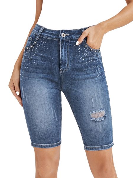 

rhinestone detail ripped bermuda denim shorts o60z#, White;black