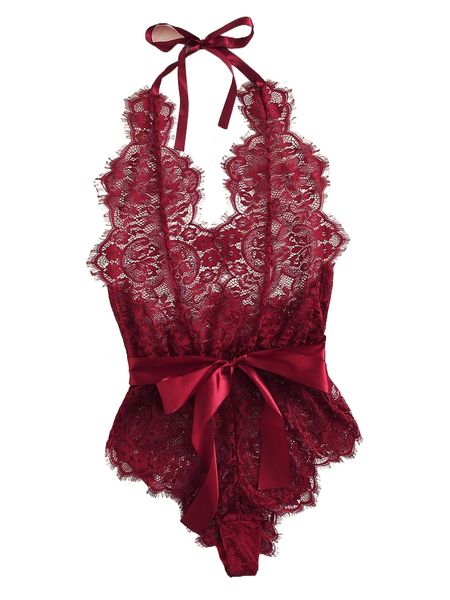 

floral lace halter teddy bodysuit a40r#, Black;red