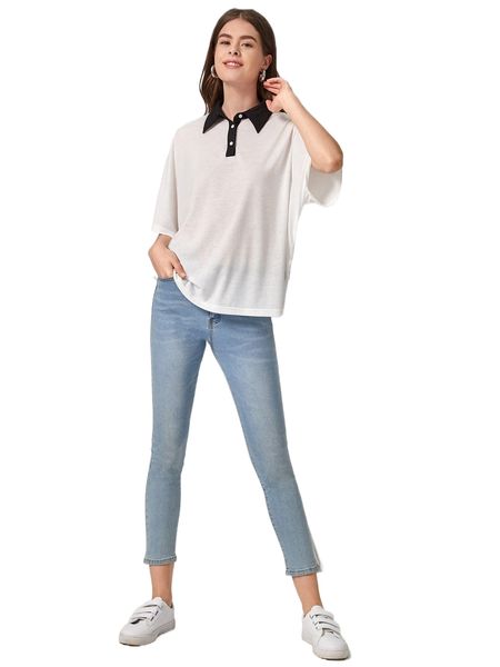 

contrast collar high low hem tee m8k9#, White