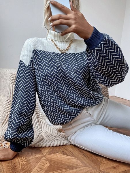 

turtleneck chevron pattern lantern sleeve sweater d9h5#, White;black