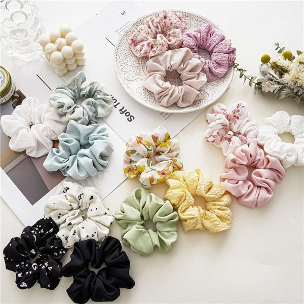 

spring trendy handmade elastic rope ribbon hair scrunchies intestine hair circle chiffon cotton silk cloth ribbons, Slivery;white