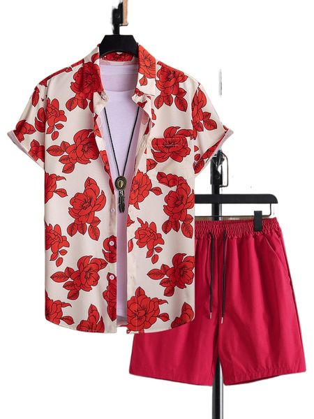 

men floral print shirt & drawstring waist shorts without tee x0ro#, Gray