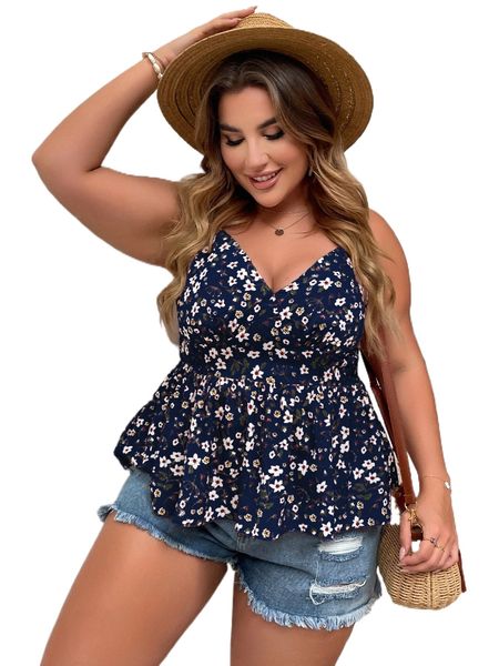 

plus allover floral print shirred cami e4ve#, Black