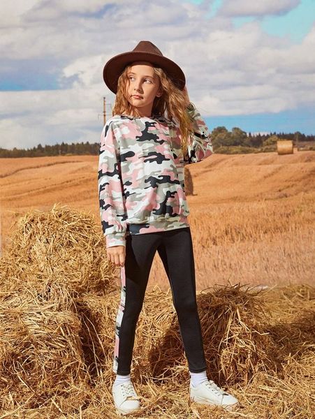 

girls camo print pullover & leggings set she, White