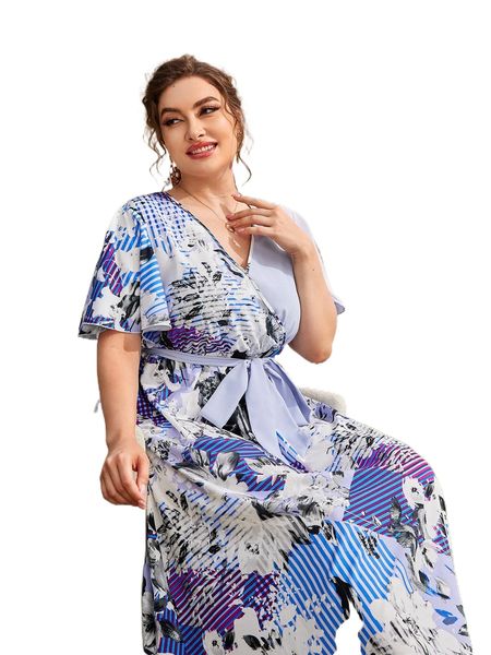 

plus surplice neck self belted floral and striped dress m88p#, Black