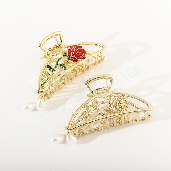 

women's half circle geometric rose hair claw ladies luxury hair clip pearl hanging ear girl barrettes hair accessories, Slivery;white