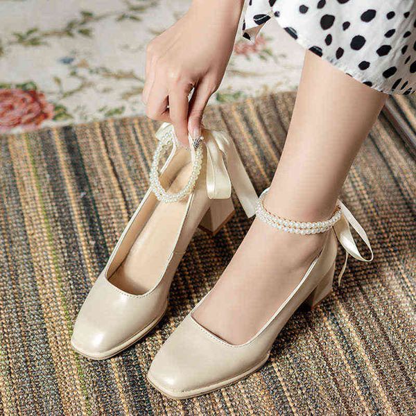 

women dress shoes rimocy elegante parel dames hoge hak schoenen 2022 zomer vierkante teen pompen vrouw ondiepe pu lederen strik party voor v, Black