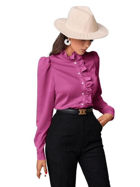 

ruffle trim puff sleeve blouse c1w7#, White