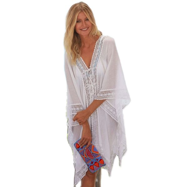 

women's swimwear tie up bikini cover lace patchwork beach kimono kaftan tunics women oversize white mini dress summer wear, White;black