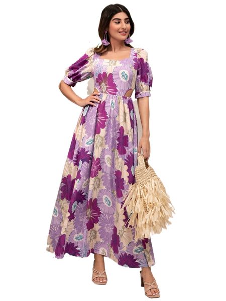 

modely square neck puff sleeve floral print dress h57z#, Black;gray