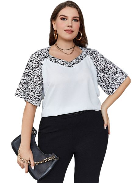

plus leopard print raglan sleeve blouse m07u#, Black