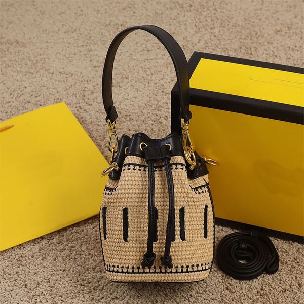 

straw bucket bag lafite grass crossbody handbag women small tote bags wide shoulder strap genuine leather handbags embroidery letter prints