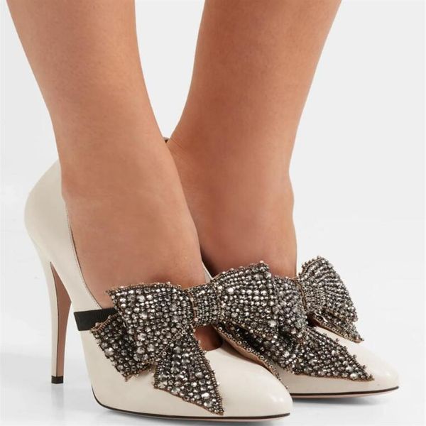 

perfect brand-new ladies stiletto heels strass bow luxury design white patent-leather women high heels pointed toe lady pumps266w, Black