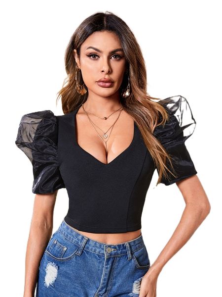 

mesh insert puff sleeve sweetheart neck crop tee d7pz#, White