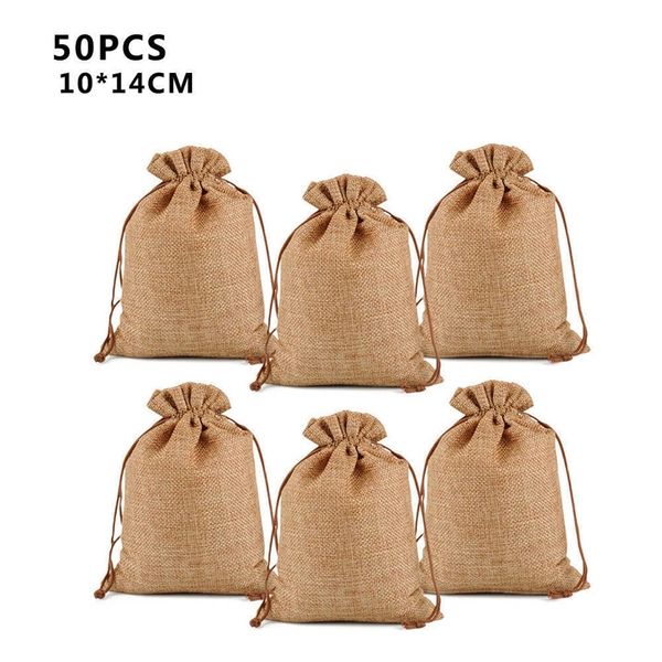50 PCS/SET Vintage Natural Burlap Gift Candy Sags Party Wedding Favor Pouch With Drawstrings Jute Gift Birthday Supplies 210724