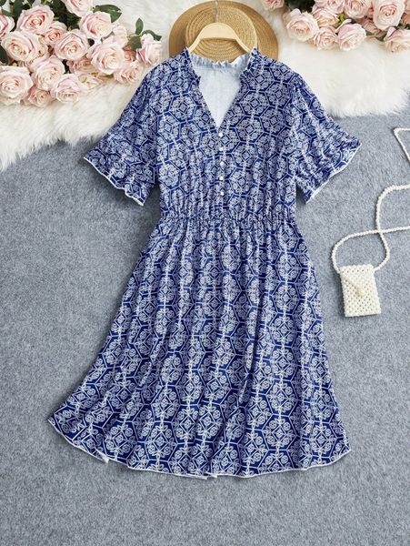 

plus damask print fake button puff sleeve dress c5c5#, Black