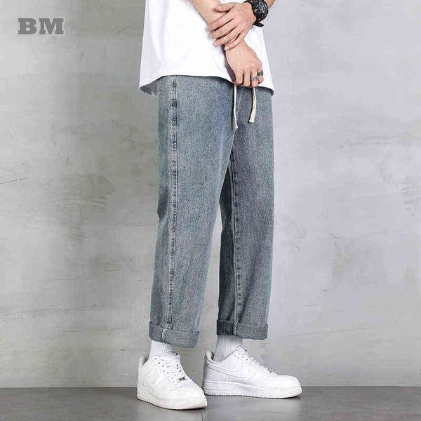 

korean fashion streetwear thin straight jeans loose retro casual denim cargo pants men clothing harajuku black trousers male t220726, Blue