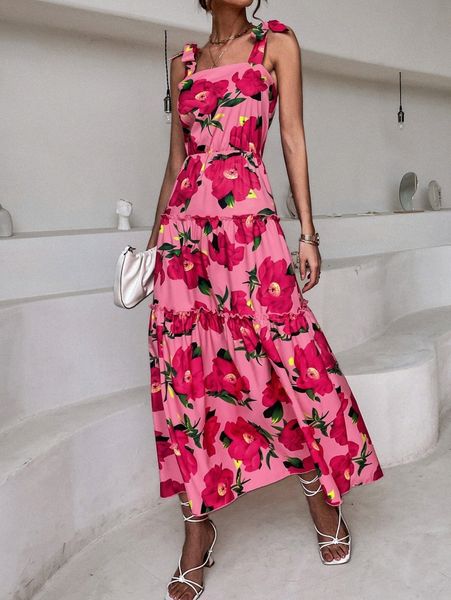 

floral print tie shoulder layered hem cami dress m7db#, Black;gray