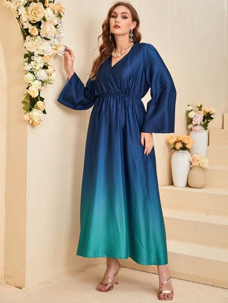 

plus ombre surplice neck flounce sleeve dress p1j3#, Black