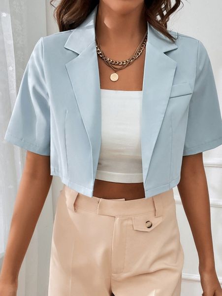 

solid lapel neck crop blazer a5wd#, White