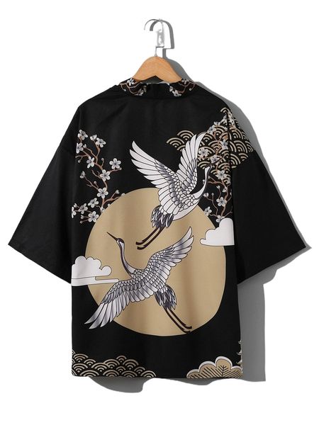 

men random floral & crane print kimono without tee 69an#, White;black