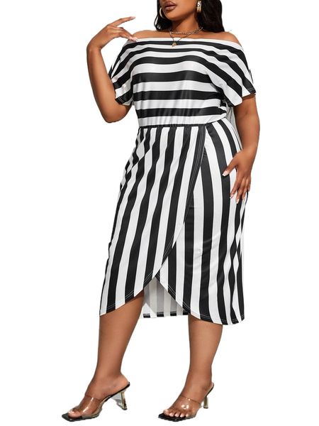 

plus striped off shoulder dolman sleeve wrap hem dress f49m#, Black