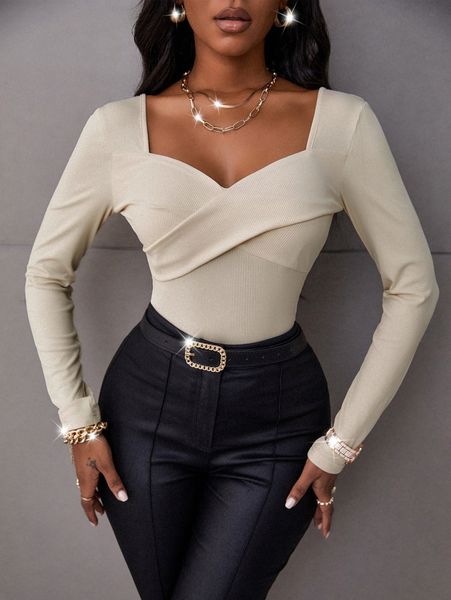 

sxy ribbed knit sweetheart neck tee h9vu#, White