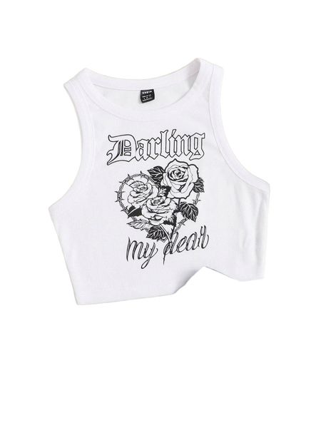 

slogan & floral print rib knit tank 77px#, White