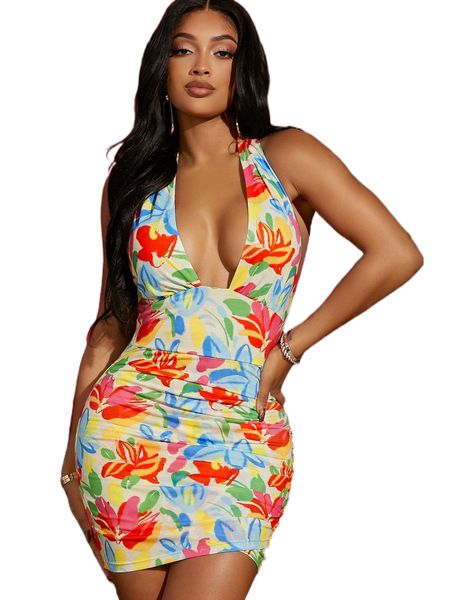 

tied open back floral bodycon dress q2ee#, Black;gray