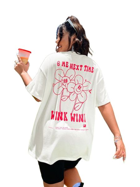 

plus slogan & cartoon graphic drop shoulder tee 78qj#, Black