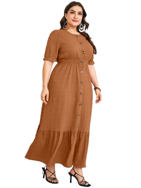 

plus button front ruffle hem shirred waist a-line dress e1ll#, Black