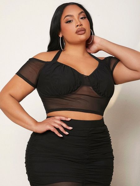 

sxy plus tie back bustier crop mesh k3wq#, Black