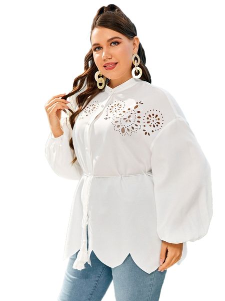 

plus laser cut out lantern sleeve scallop trim tassel belted blouse o1hz#, Black