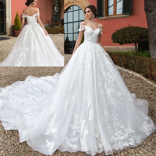 

a-line wedding dress 2022 beaded off shoulder appliques princess dresses cathedral bride gown vestido de novia, White