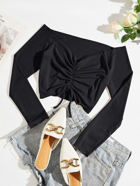 

ribbed knit drawstring front tee d6z9#, White