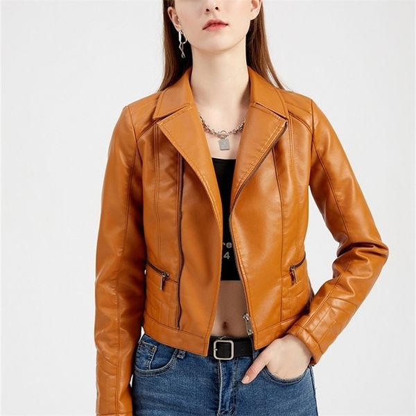 

ftlzz spring autumn lapel faux leather short jacket women fashion moto bike slim pu leather coat female chic zipper outwear 220815, Black