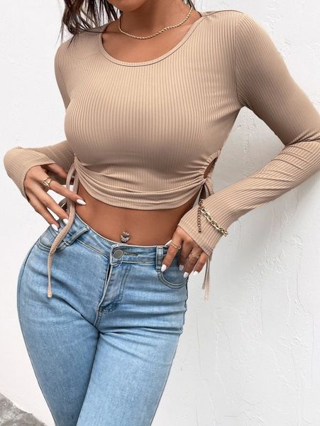 

rib knit drawstring side crop tee u1tn#, White