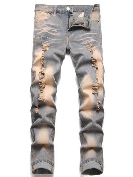 

men bleach wash ripped frayed skinny jeans u68w#, Blue