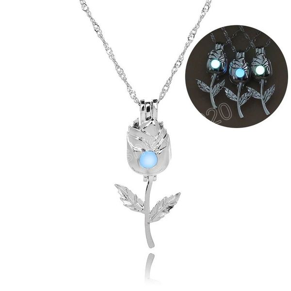 

3 color fashion necklaces charm rose flower necklace for women glow in the dark jewelry luminous pendant party halloween gifts, Silver