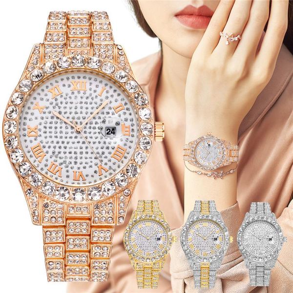 Нарученные часы мода Женские часы Gold Diamond Stainless Steel Gypsophila Roman Digital Calendar Quartz Watches for Womenwristwatchesw